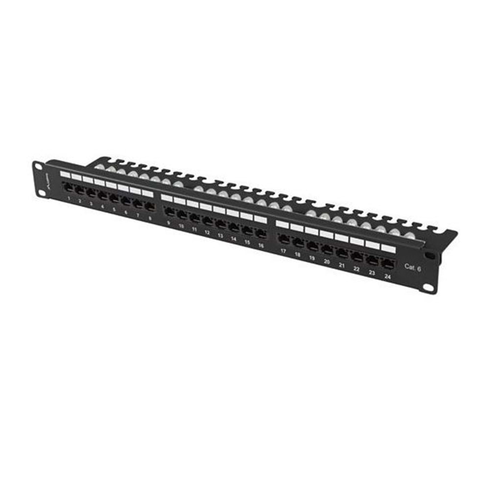 1U-24-port RJ45 24-port RJ45-482x44x109 mm-8P8C-LSA-bl-black RAL 9005-unshielded-AC-611-24E-AGER CAT 6 Patch Panel