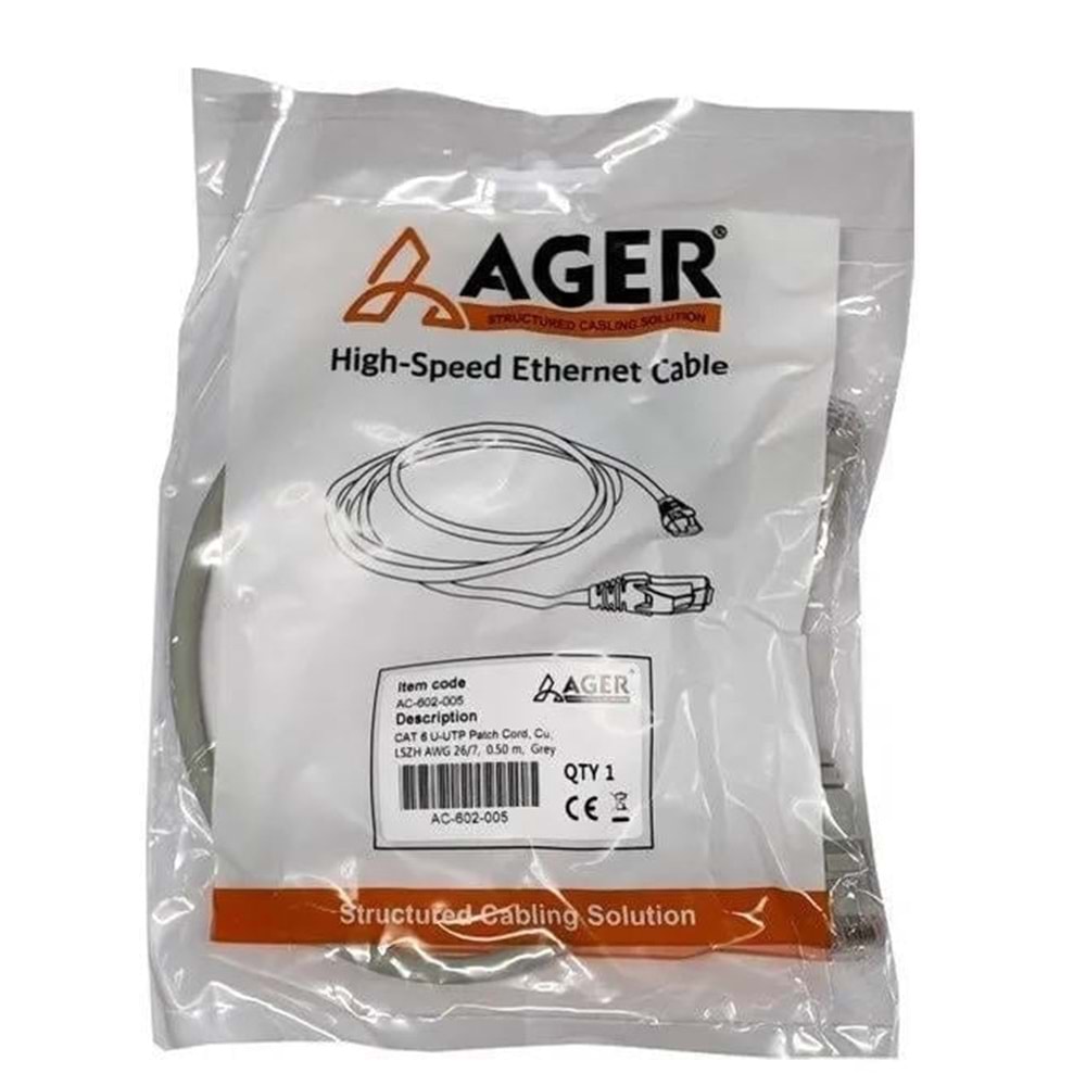 Cu-LSZH AWG 26/7-color grey-length 0.50 m-AC-602-005-AGER CAT 6 U-UTP patch cord