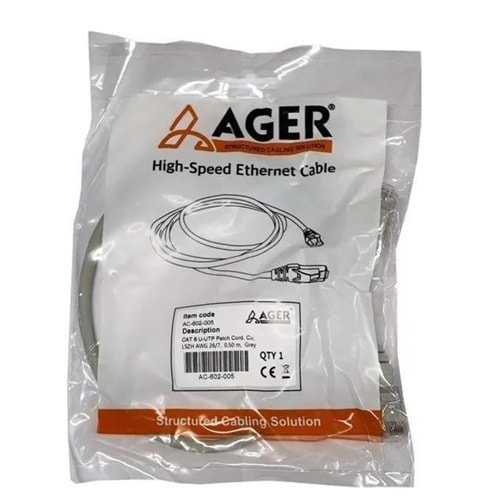 Cu-LSZH AWG 26/7-color grey-length 0.50 m-AC-602-005-AGER CAT 6 U-UTP patch cord